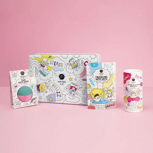 Splash enfants Coffret métal – Sels de bain moussants – Boule de bain – Sels de bain crépitants