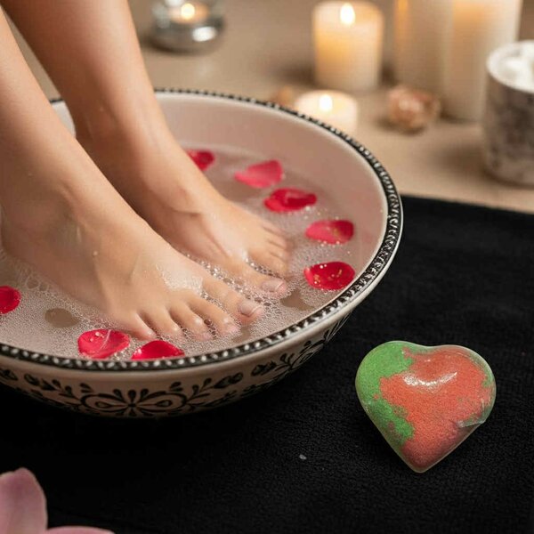 Bombes de bain forme cœur au parfum de la pastèque pour des bains détente.