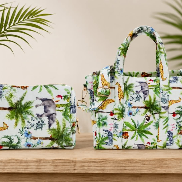 Sac et trouse beige/couleurs matelassé avec imprimé jungles