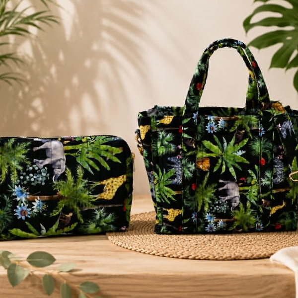 Sac et trousse matelassé noir/couleur avec imprimé jungles